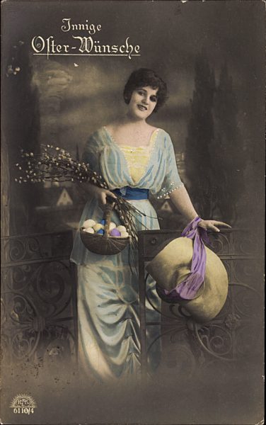 Glückwunsch Ostern, Frau mit Weidenkätzchen und Ostereiern, R & K L 6110 4