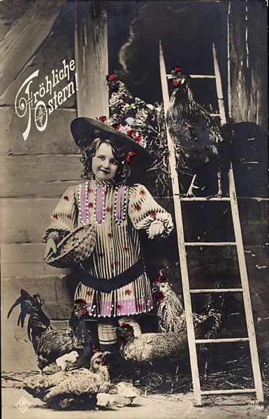 Glückwunsch Ostern, Mädchen, Hühnerstall, Eierkorb