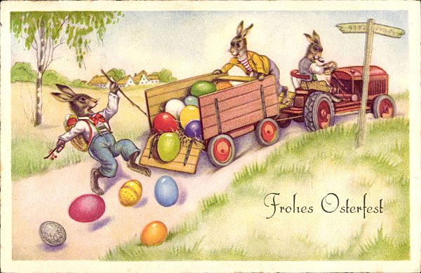 Glückwunsch Ostern, Ostereier fallen aus dem Anhänger, Traktor, Osterhasen