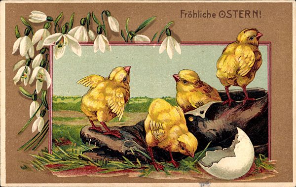 Glückwunsch Ostern, Küken schlüpfen aus Eierschale, Schuh