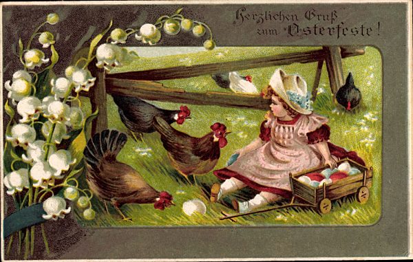 Glückwunsch Ostern, Mädchen mit Ostereiern, Hühner, Glockenblumen