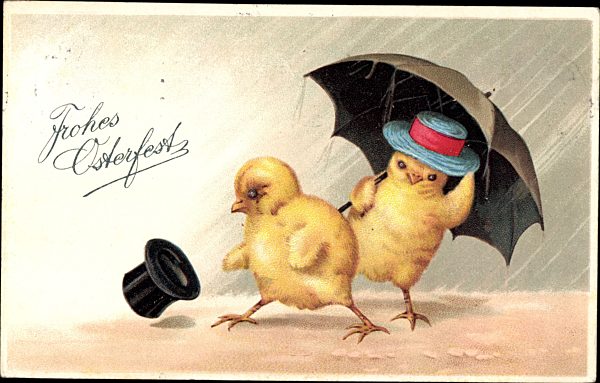 Glückwunsch Ostern, Zwei Küken unter dem Regenschirm, Zylinder