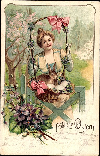 Glückwunsch Ostern, Osterhase, Ostereier, Frau mit Korb