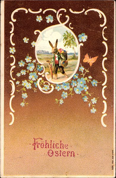 Glückwunsch Ostern, Osterhase, Spaziergang, Vergissmeinnicht