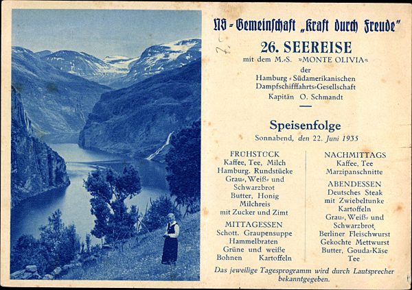 MS Monte Olivia, HSDG, 26. Seereise, KdF, Speisenfolge 22 Juni 1935