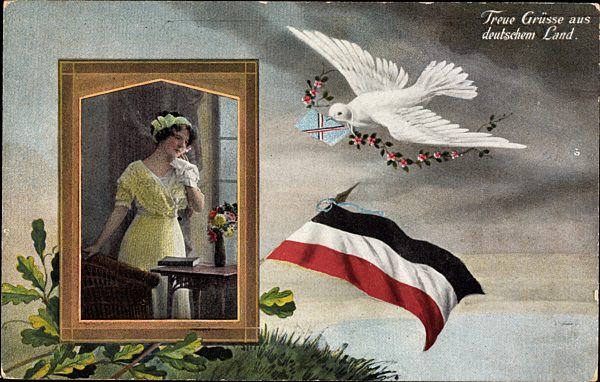 Passepartout Treue Grüße aus deutschem Land, Frau, Weiße Taube, Fahne
