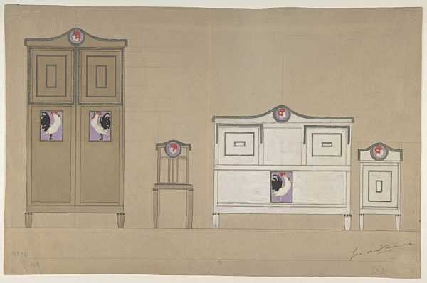 Furniture Designs: Wardrobe, Chair, Bureau and Washstand, n.d., Watercolor, 10 7/8 x 16 3/4 in. (27.6 x 42.5 cm), Drawings, Georges de Feure (French, Paris 18681943 Paris)