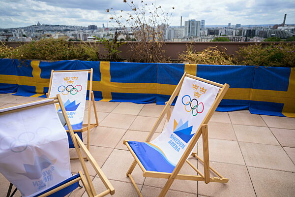 240723 Sweden Arena branded chairs at the rooftop of the team Sweden...
