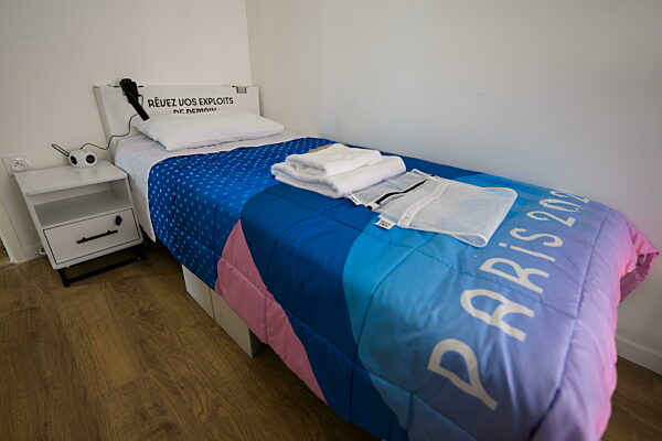 240723 A bedroom in an apartment of team Sweden in the Olympic Village...