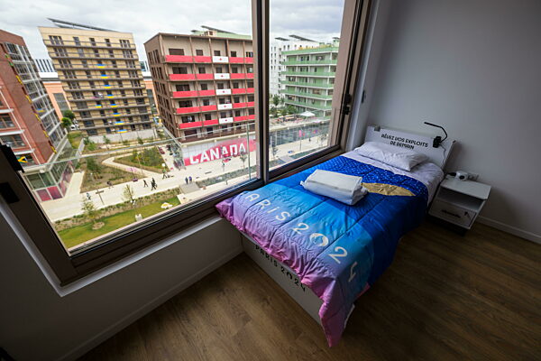240723 A bedroom in an apartment of team Sweden in the Olympic Village...