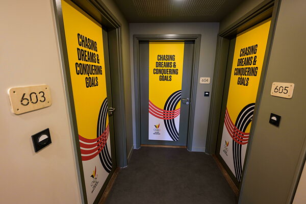 240723 Doors to apartments in the building of team Belgium in the Olympic...