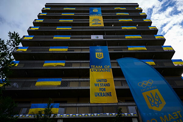 240723 Exterior view of the building housing team Ukraine in the Olympic...