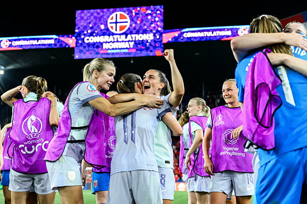250702 Ada Hegerberg, Guro Reiten and Vilde Bøe Risa of Norway celebrate...