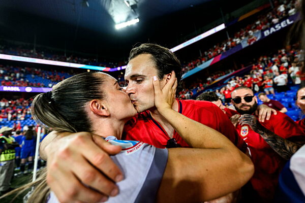 250702 Vilde Bøe Risa of Norway celebrates with friends and family after the...