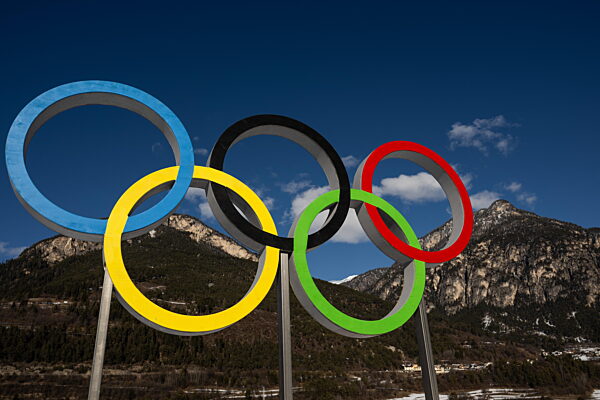 260201 The Olympic Rings are seen at Tesero Cross Country Stadium during day...