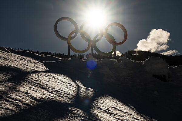 260201 The Olympic Rings are seen at Tesero Cross Country Stadium during day...