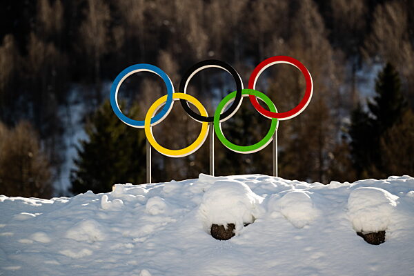 260201 The Olympic Rings are seen at Tesero Cross Country Stadium during day...