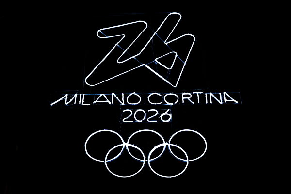 260202 Lights in the shape of the Milano Cortina 2026 logo hang above a...