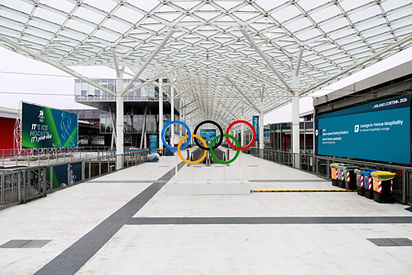 260203 The Olympic rings and branding at the Fiera Milano during day -3 of...