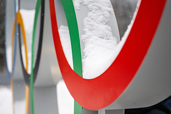 260203 Snow on the Olympic rings in Cortina Olympic Village during day -3 of...