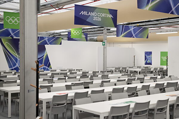 260203 General view of the dining hall in the Cortina Olympic Village during...
