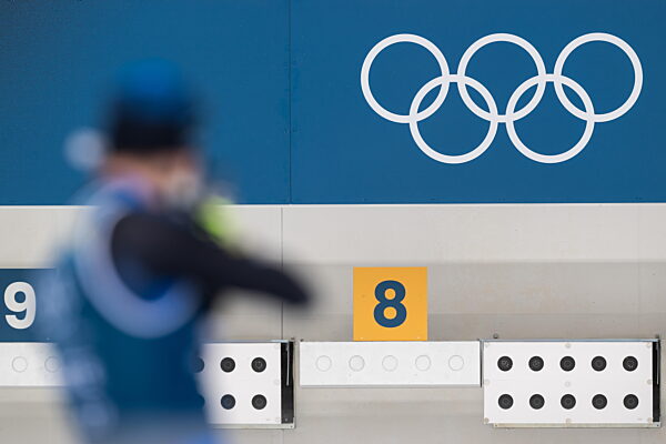 260204 The Olympic Rings are seen at Anterselva Biathlon Arena at a biathlon...