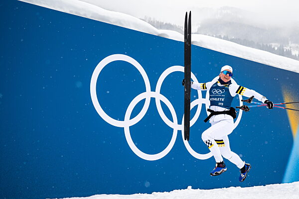 260204 Moa Ilar of Sweden in front of the Olympic Rings after a...