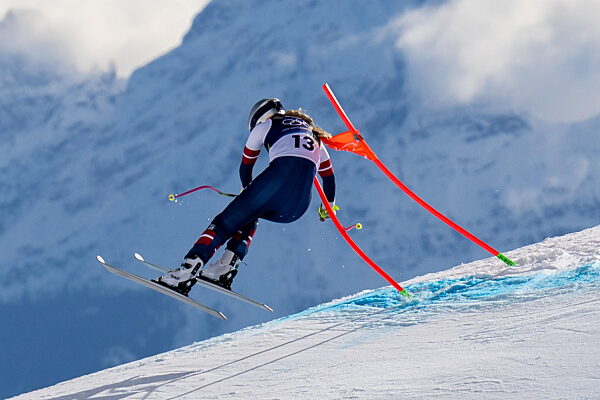 260208 Lindsey Vonn of USA competes in women's alpine skiing downhill during...