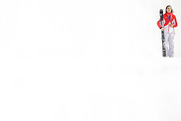 260209 Eileen Gu of China at the medal ceremony after womens freestyle...