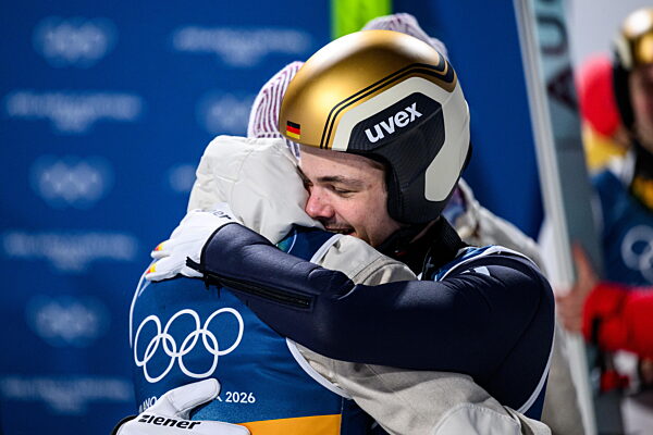 260209 Philipp Raimund of Germany celebrates after competing in the second...