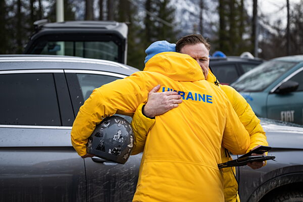 260212 Vladyslav Heraskevych of Ukraine with his helmet in the mixed zone...