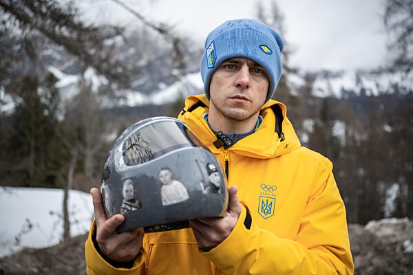 260212 Vladyslav Heraskevych of Ukraine with his helmet during mens...