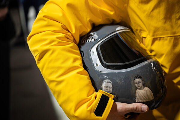 260212 Vladyslav Heraskevych of Ukraine with his helmet in the mixed zone...