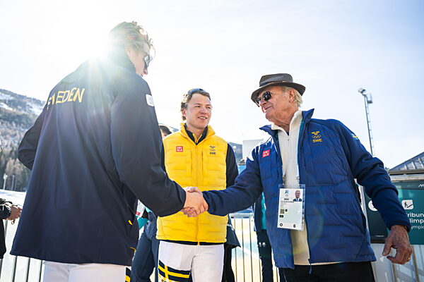 260213 Edvin Anger, Gustaf Berglund of Sweden and King Carl XVI Gustaf of...