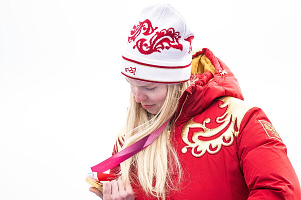 260309 Varvara Voronchikhina of Russia with her gold medal at the medal...