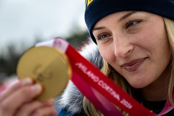 260312 Ebba Årsjö of Sweden poses for a portrait with her Paralympic gold...