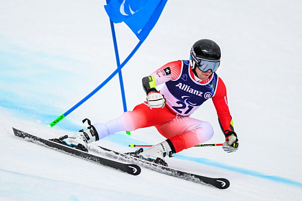 260313 Robin Cuche of Switzerland competes in the men's para alpine giant...