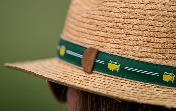 260407 General view of a patron's Masters themed hat during a practice round...