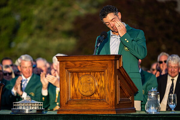 260412 Rory McIlroy of Northern Ireland during the Green Jacket Ceremony...