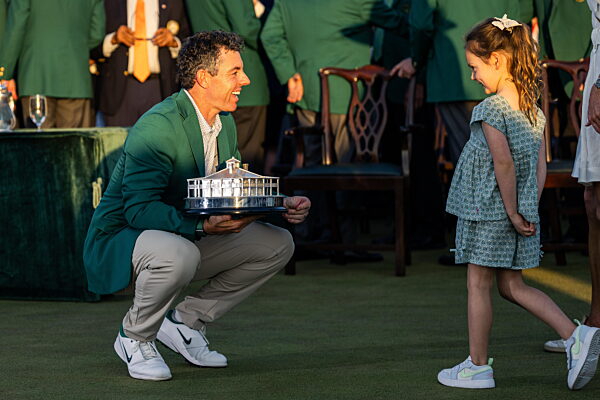 260412 Rory McIlroy of Northern Ireland celebrate with his daughter Poppy...