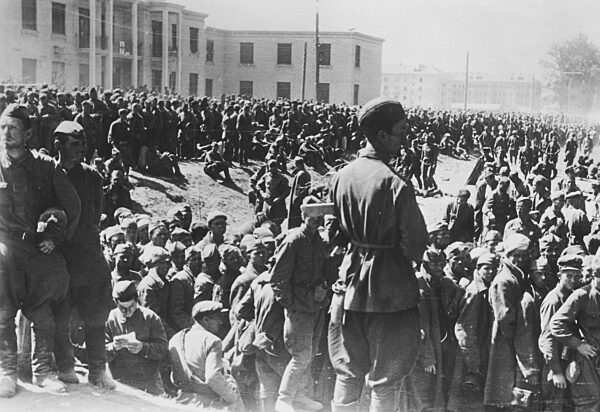 Soviet prisoners of war in a German collection camp on the Eastern front, 1942