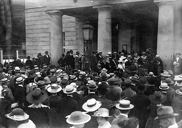 Crowd outside the theater after the meeting of the National Assembly in Weimar, 1919