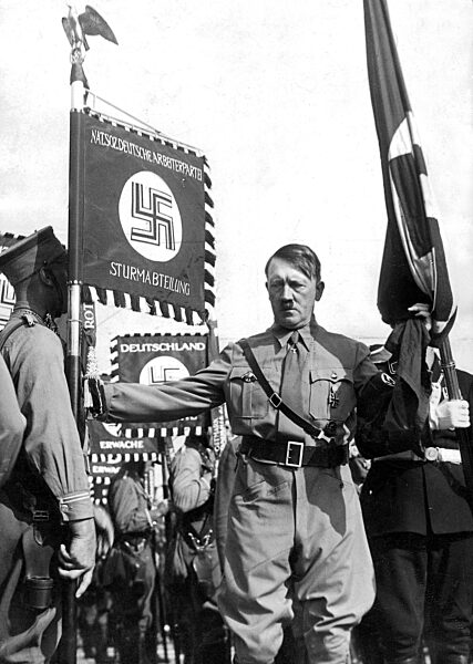 Adolf Hitler in "blood flag consecration" on the Nuremberg Rally, 1936