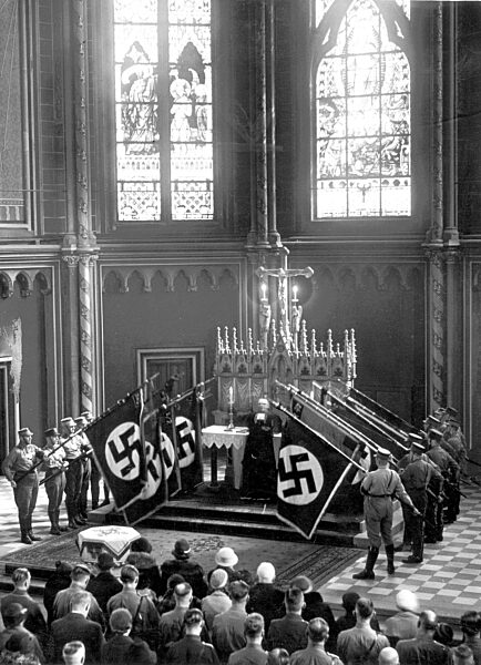 Swastika flags at the memorial service for Peter Voss, 1934