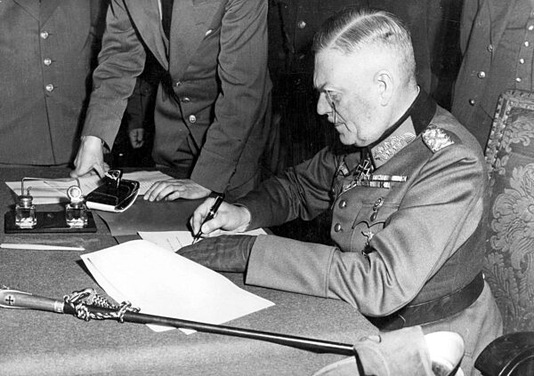 General field marshall Wilhelm Keitel signing the unconditional surrender on behalf of the Wehrmacht in the headquarter of the soviet army in Berlin in Berlin-Karlshorst, 8th May 1