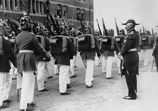 Emperor Wilhelm II greets a parade in Luebeck, 1913