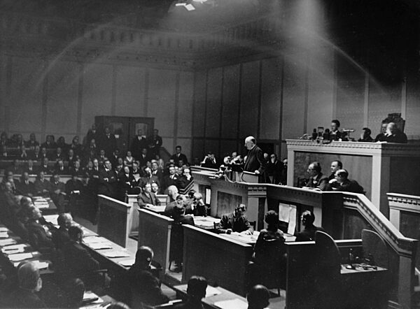 Heinrich Bruening during a speech to the League of Nations in Geneva, 1932