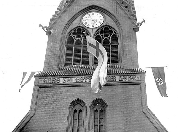 Swastika flag and church flag on the Lazarus Church in Berlin, 1933