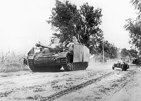 German Sturmgeschuetz IV on a street in Hungary