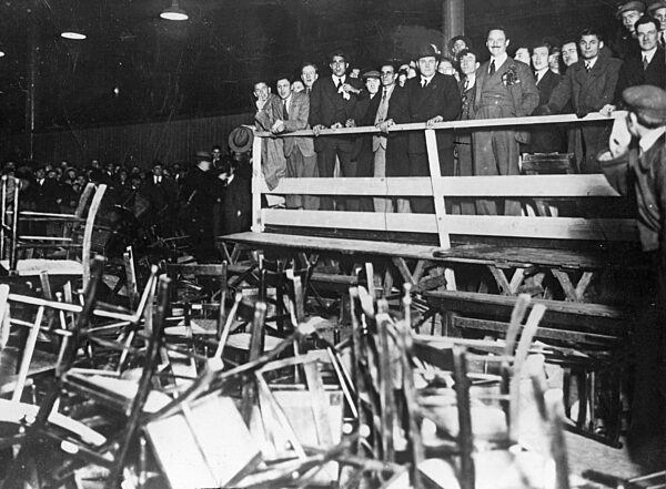 Sir Oswald Mosley after a riot during a campaign rally in the 1930s